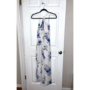 LUSH Women’s White Blue Spaghetti Straps Floral Sleeveless Bodycon Maxi Dress S